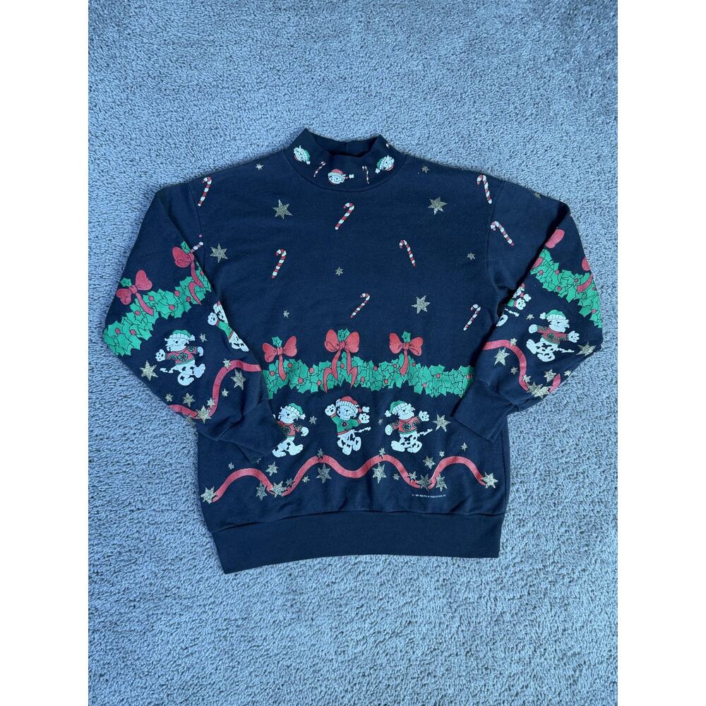 VTG Jane Colby Sweater Womens S Black Graphic Christmas Mock Neck Pullover 1991